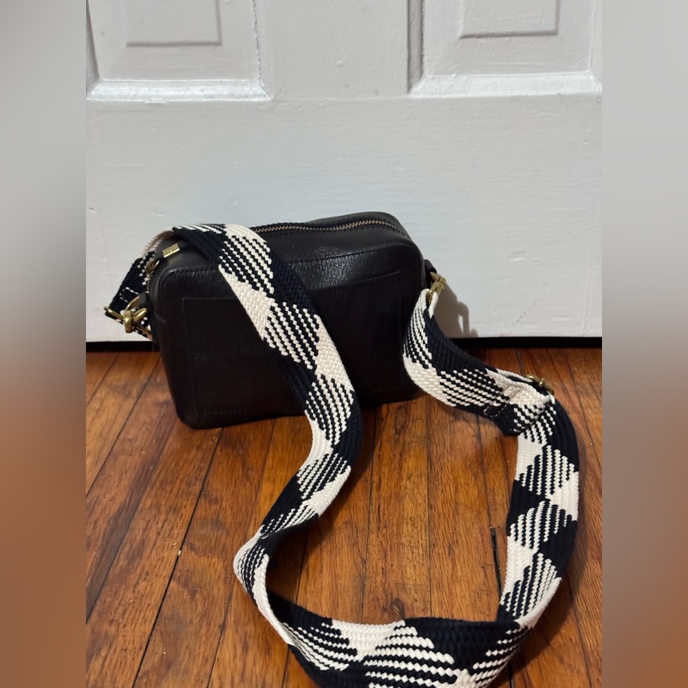 Madewell Black Leather The Transport Camera Crossbody Bag with Patterned Strap